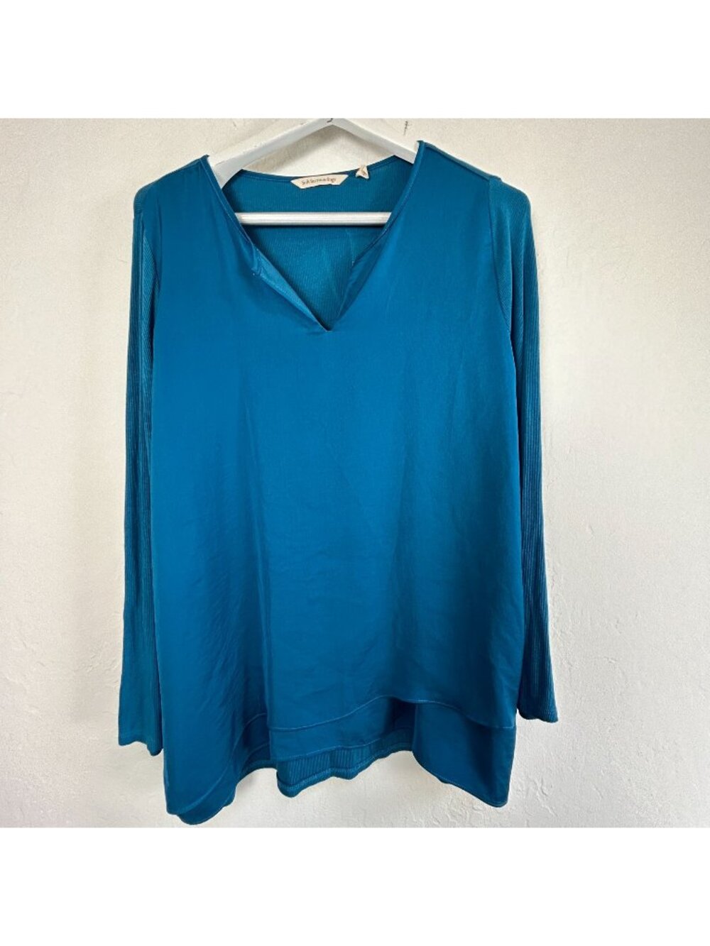 Soft Surroundings Alix Teal Blue Layered Ribbed Top Womens XL V-Neck Long Sleeve